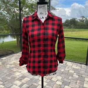 Deb Buffalo Plaid Open Drape Back Chiffon Button Up